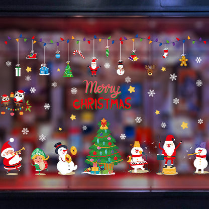 Festive Christmas window decal with Santa, snowmen, Christmas tree, ornaments, and 'Merry Christmas' text