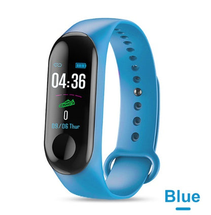 Blue fitness tracker smartwatch with digital display showing time, steps, and battery