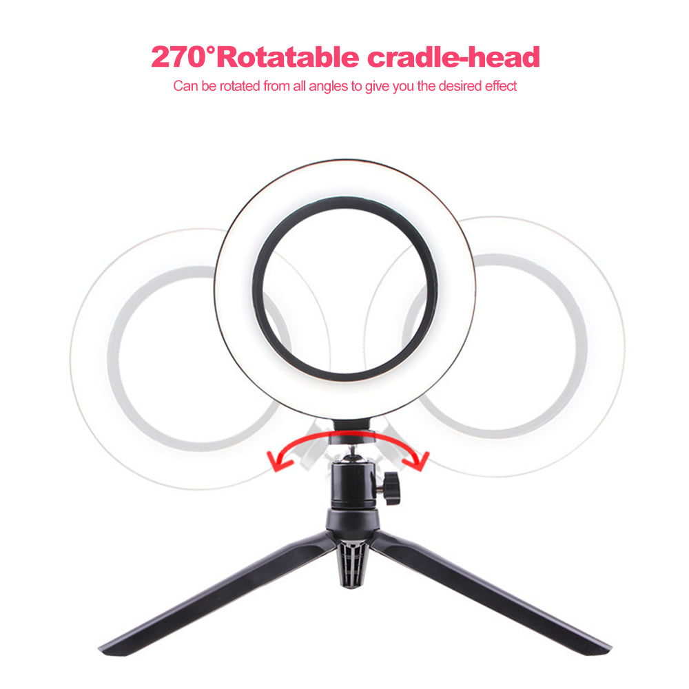 Black mini tripod with a 270-degree rotatable ring light cradle-head on white background