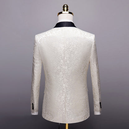 Back view of white floral jacquard tuxedo jacket with black satin collar on mannequin