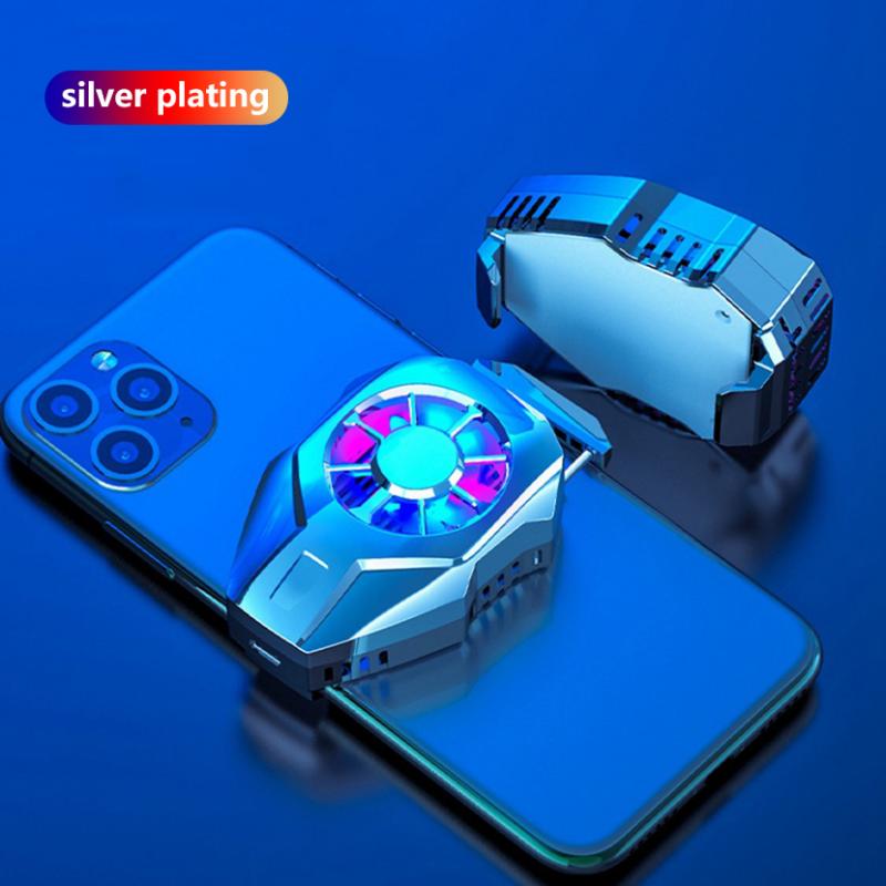 Silver-plated smartphone cooling fan with colorful LED lights attached to a blue smartphone on a blue background