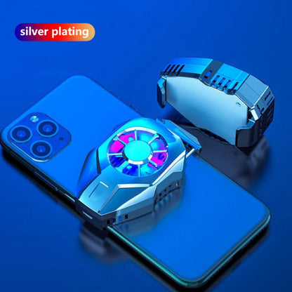 Silver-plated smartphone cooling fan with colorful LED lights attached to a blue smartphone on a blue background