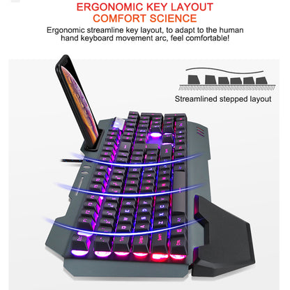 Ergonomic RGB mechanical keyboard with streamlined stepped layout and phone holder, wrist rest included