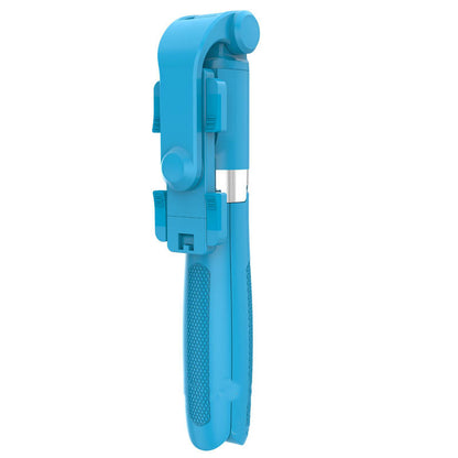 Folded blue smartphone selfie stick with textured grip and adjustable phone holder