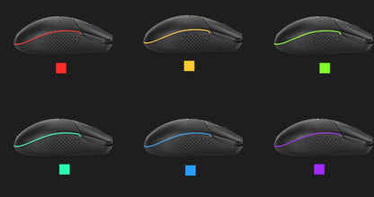 Six black computer mice with colored LED accents in red, orange, green, cyan, blue, and purple on a black background
