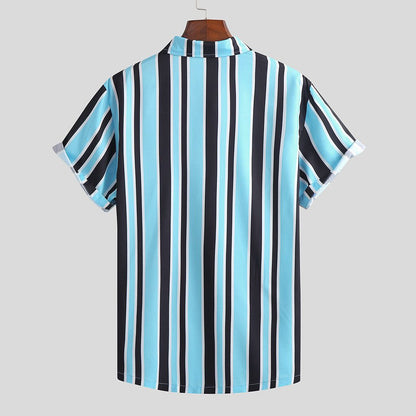 Men Stripe Shirts - Blue Polyester Casual Daily Wear, Relaxed Fit