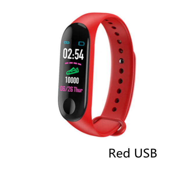 red fitness tracker wristband with color screen showing time, steps, and date