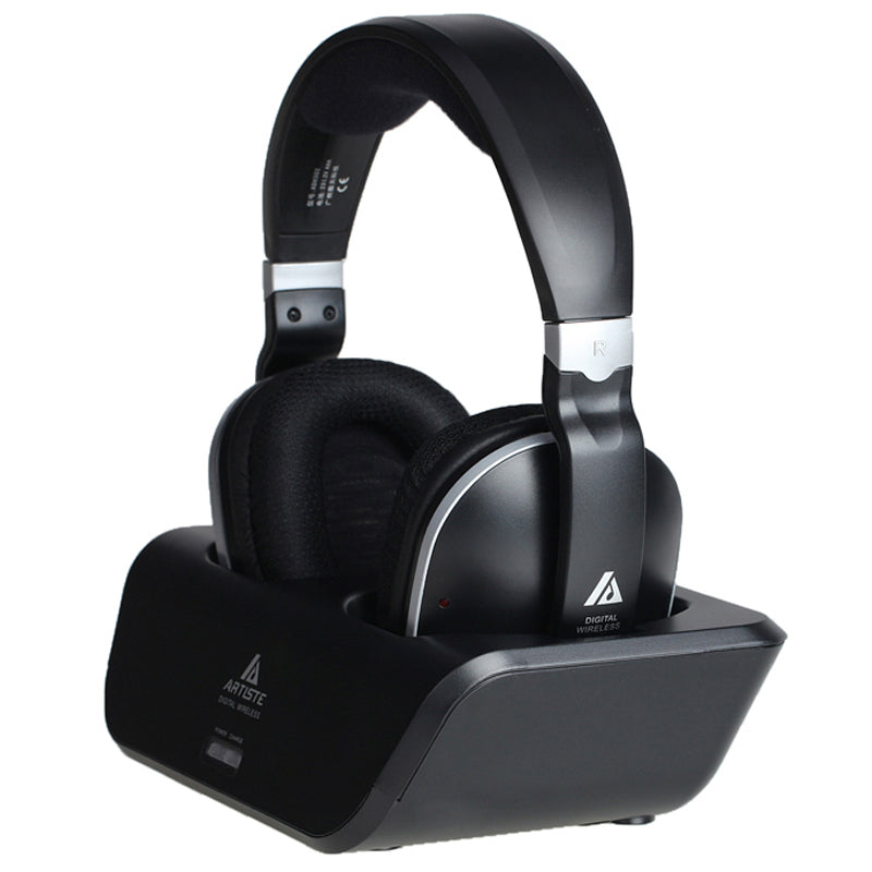 Artiste digital wireless black over-ear headphones on charging stand