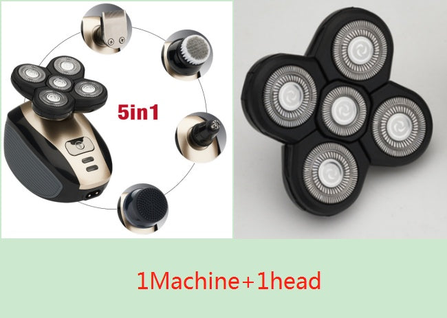 5-in-1 electric shaver with five rotary blades and interchangeable heads for grooming