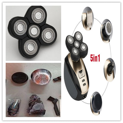 5-in-1 electric male grooming kit showing interchangeable heads for shaving, clipping, cleaning brush, and nose hair trimming