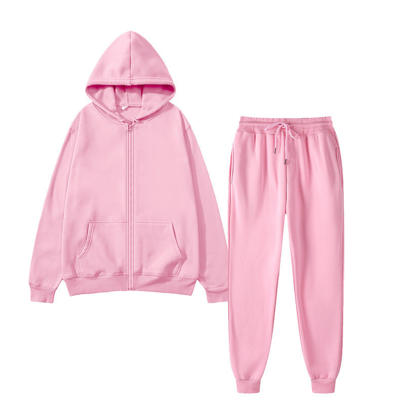 Pink hooded zip-up sweatshirt and matching drawstring sweatpants loungewear set