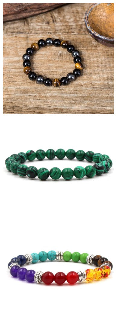 Malachite Bracelets - Elastic Strand Jewelry With Black Matte Green Beads
