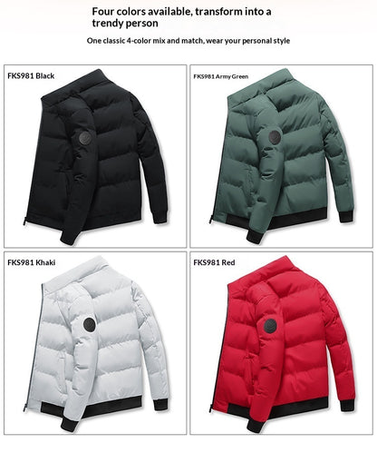 Four FKS981 puffer jackets in black, army green, khaki, and red, displayed on white background
