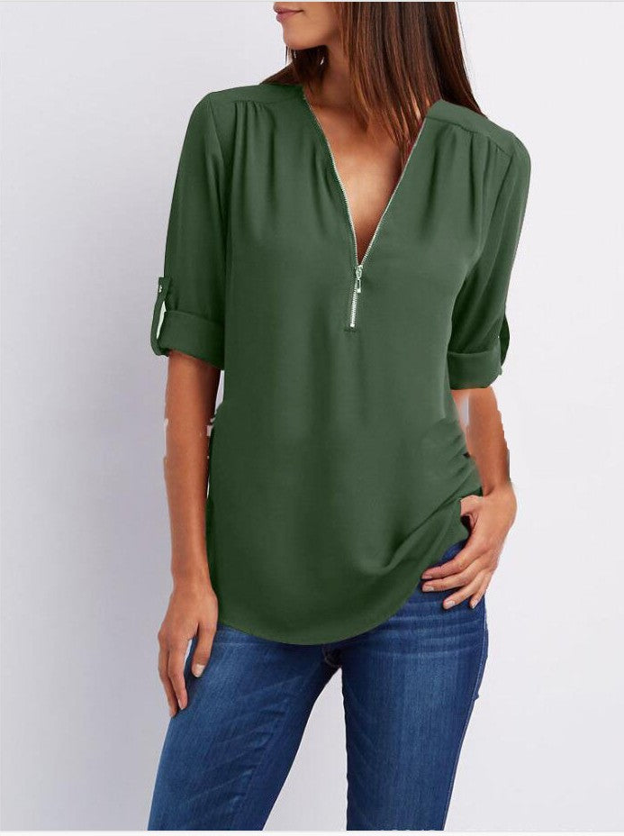 Zip V-Neck Shirt Women - Loose Short Sleeve Tops, Breathable Dacron Fabric