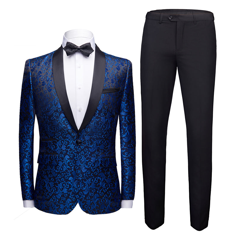 Blue floral patterned tuxedo jacket with black lapels, white shirt, black bow tie, and black tuxedo pants