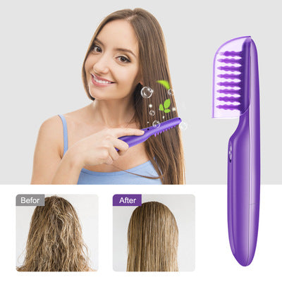 Woman using purple detangling hairbrush on long brown hair with before and after shiny smooth hair comparison