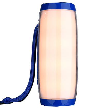 Portable blue handheld light lantern with white illuminated panel and blue braided strap