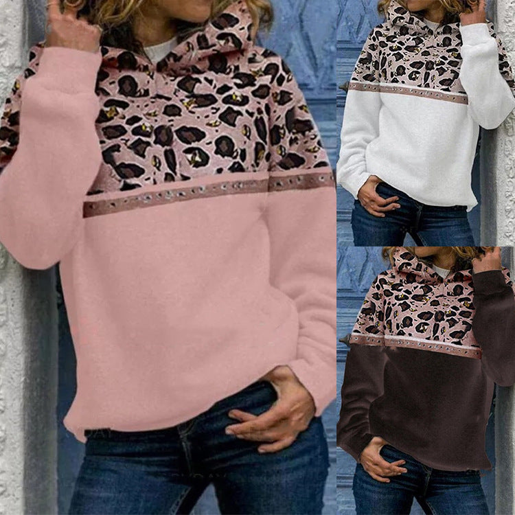 Women wearing casual hoodies with leopard print and studded stripe in pink, white, and dark brown colors