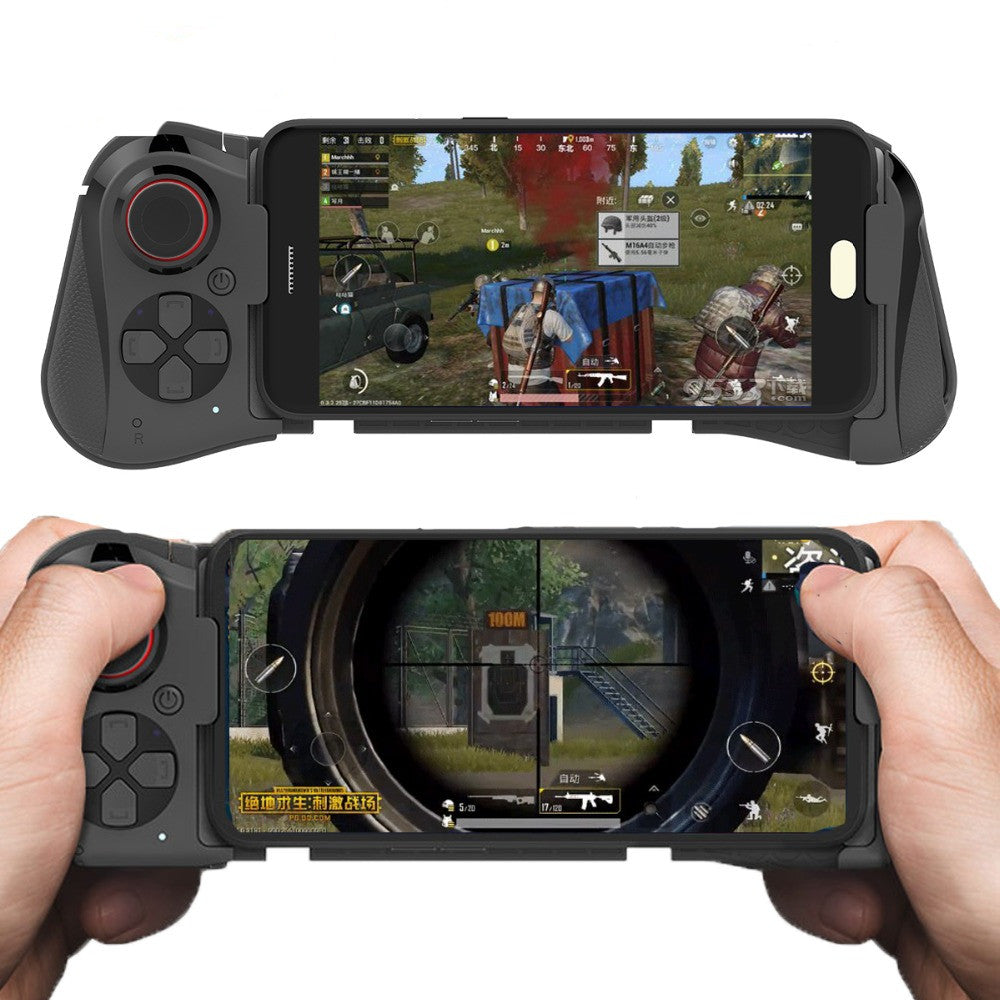Mobile gaming controller with smartphone playing battle royale shooter game with aiming scope and characters