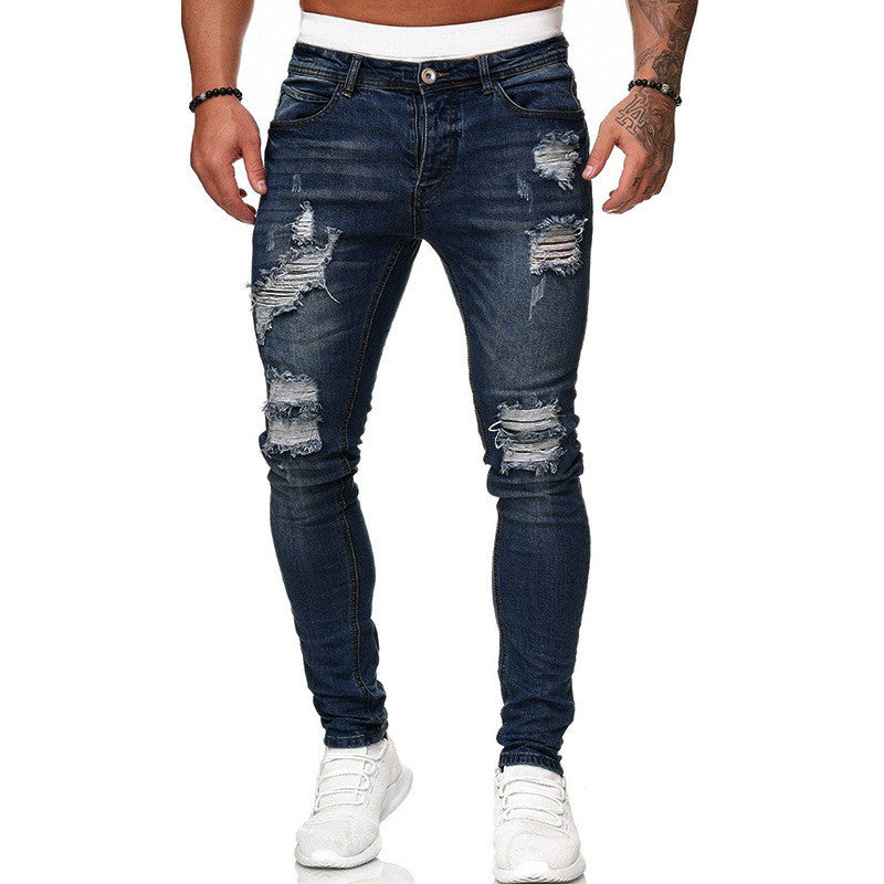 Ripped Skinny Jeans | Vintage Wash Denim | Men's Slim Fit Casual Pencil Pants