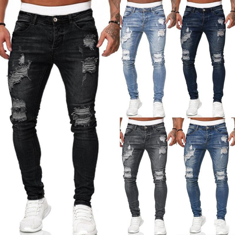 Ripped Skinny Jeans | Vintage Wash Denim | Men's Slim Fit Casual Pencil Pants