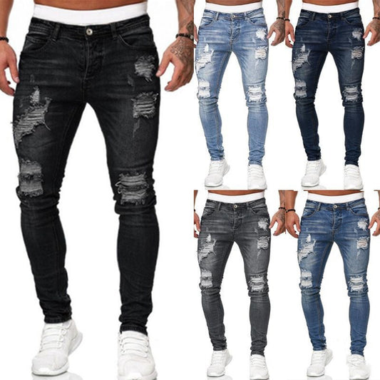 Ripped Skinny Jeans | Vintage Wash Denim | Men's Slim Fit Casual Pencil Pants
