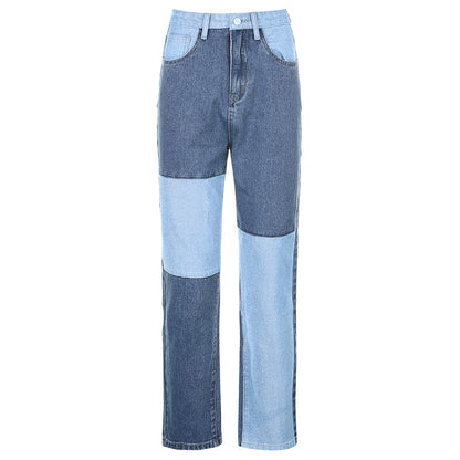 High Waist Straight Jeans - Women's Denim Pants With Contrast Stitching