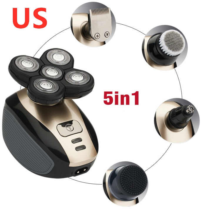 5-in-1 electric shaver with rotary heads and interchangeable grooming attachments for trimming and cleansing