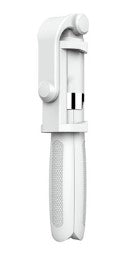 Folded white handheld selfie stick with textured grip and adjustable phone holder