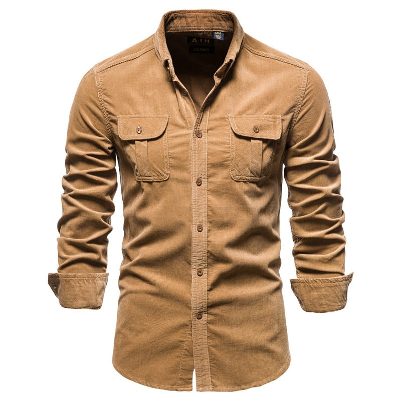 Men's casual brown corduroy shirt with buttoned chest pockets and rolled-up sleeves