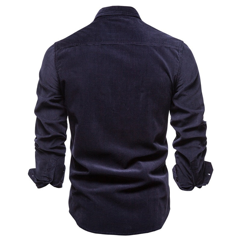 Back view of a black long-sleeve men's casual shirt with buttoned cuffs on white background