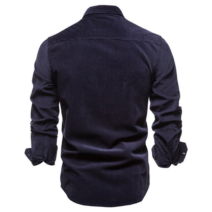 Back view of a black long-sleeve men's casual shirt with buttoned cuffs on white background