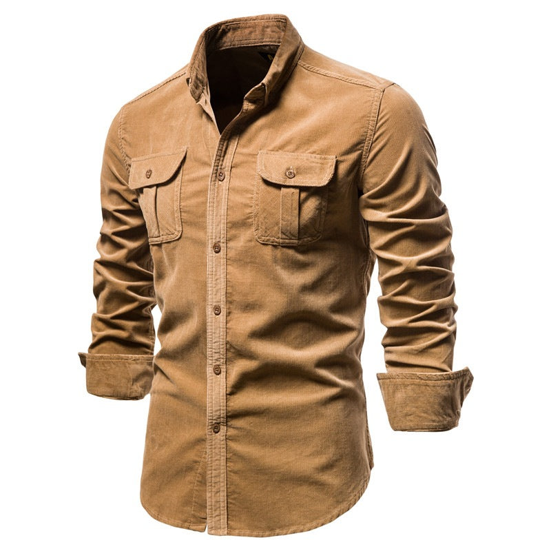 Men's casual brown corduroy shirt with buttoned chest pockets and rolled-up sleeves