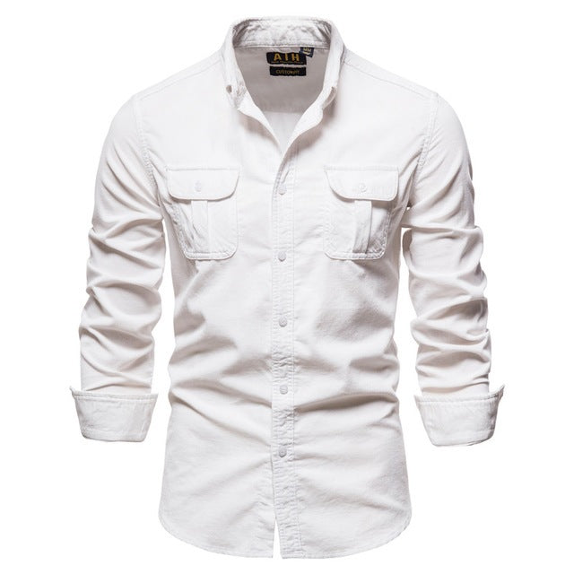 White men's long sleeve casual button-up shirt with chest pockets and folded cuffs