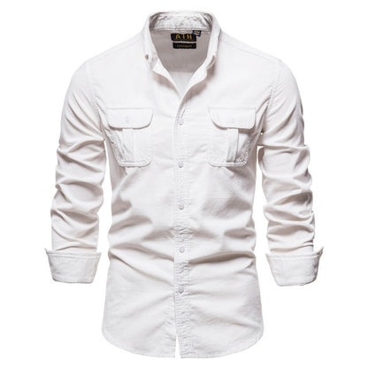 White men's long sleeve casual button-up shirt with chest pockets and folded cuffs