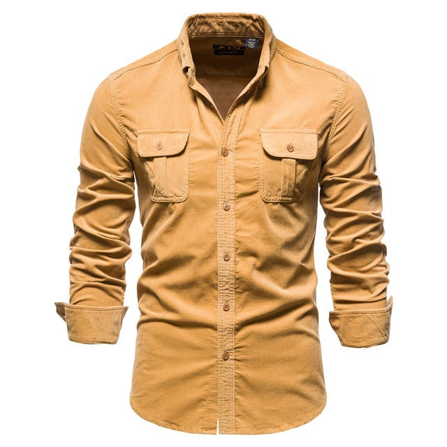 Men's casual long-sleeve tan button-up shirt with chest pockets and rolled cuffs