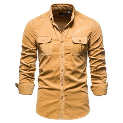 Men's casual long-sleeve tan button-up shirt with chest pockets and rolled cuffs