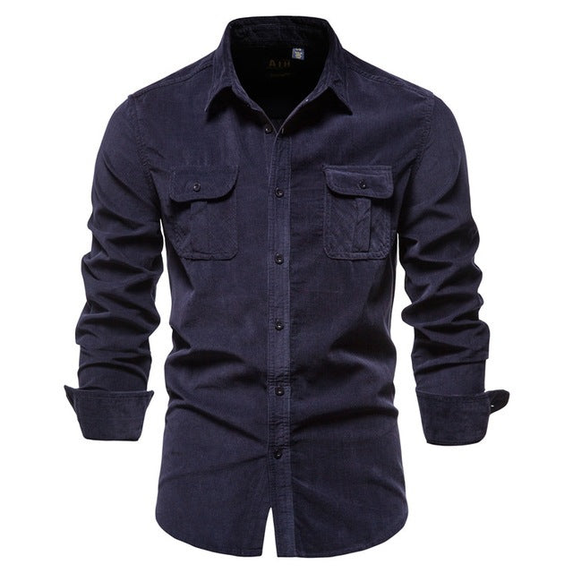 Men's dark blue corduroy button-up shirt with two front buttoned chest pockets