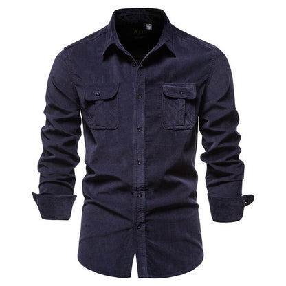Men's dark blue corduroy button-up shirt with two front buttoned chest pockets