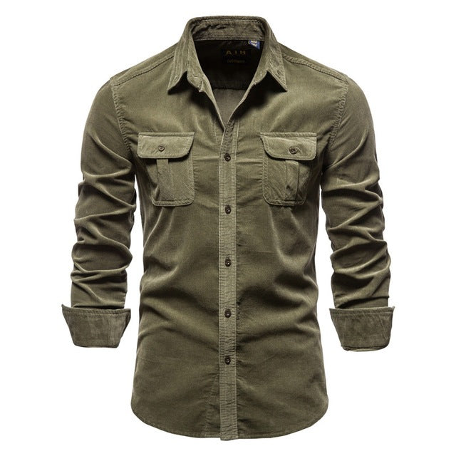 Olive green men's long sleeve corduroy button-up shirt with dual chest pockets