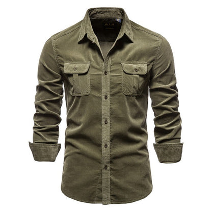 Olive green men's long sleeve corduroy button-up shirt with dual chest pockets
