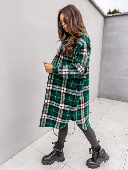 Woolen Coat - Casual Plaid Medium Length Button Front Outerwear