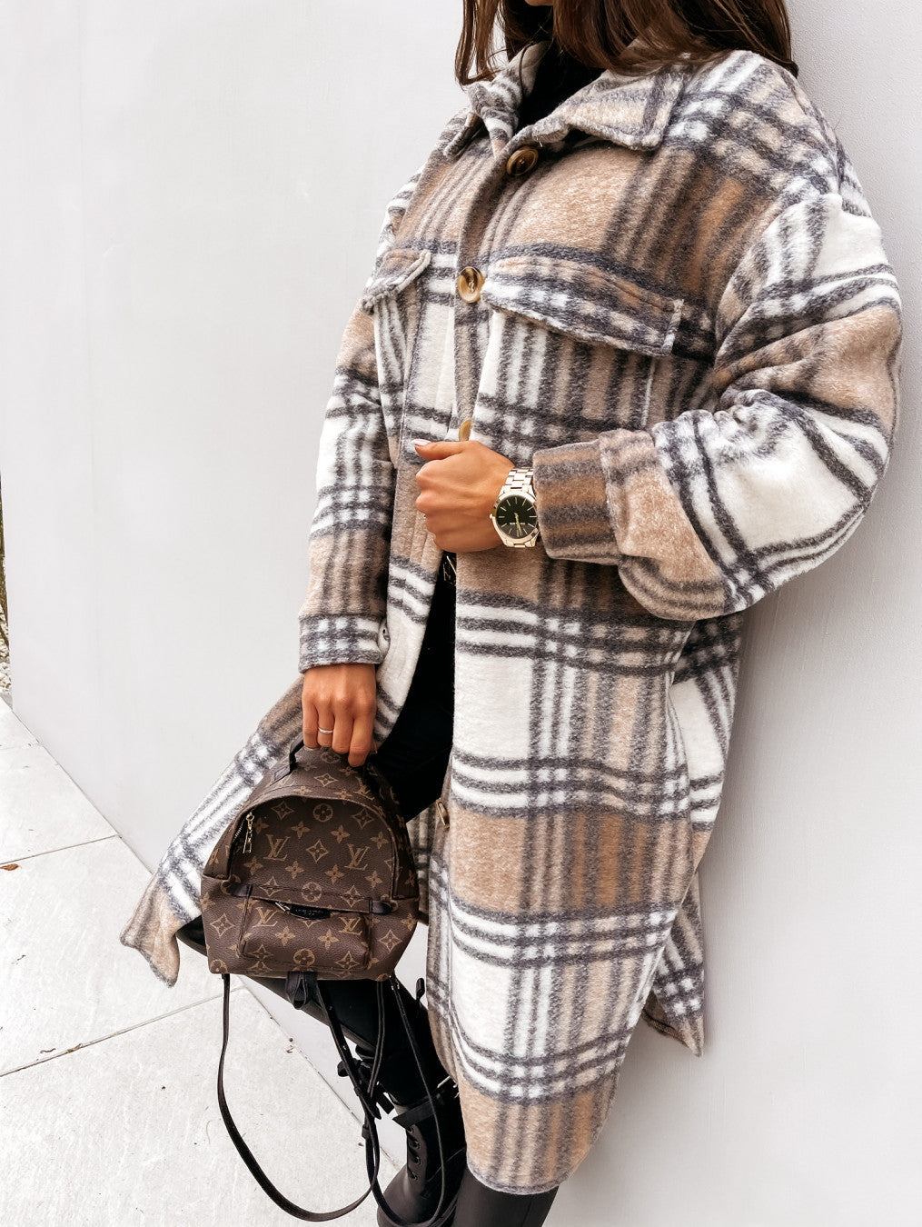Woolen Coat - Casual Plaid Medium Length Button Front Outerwear