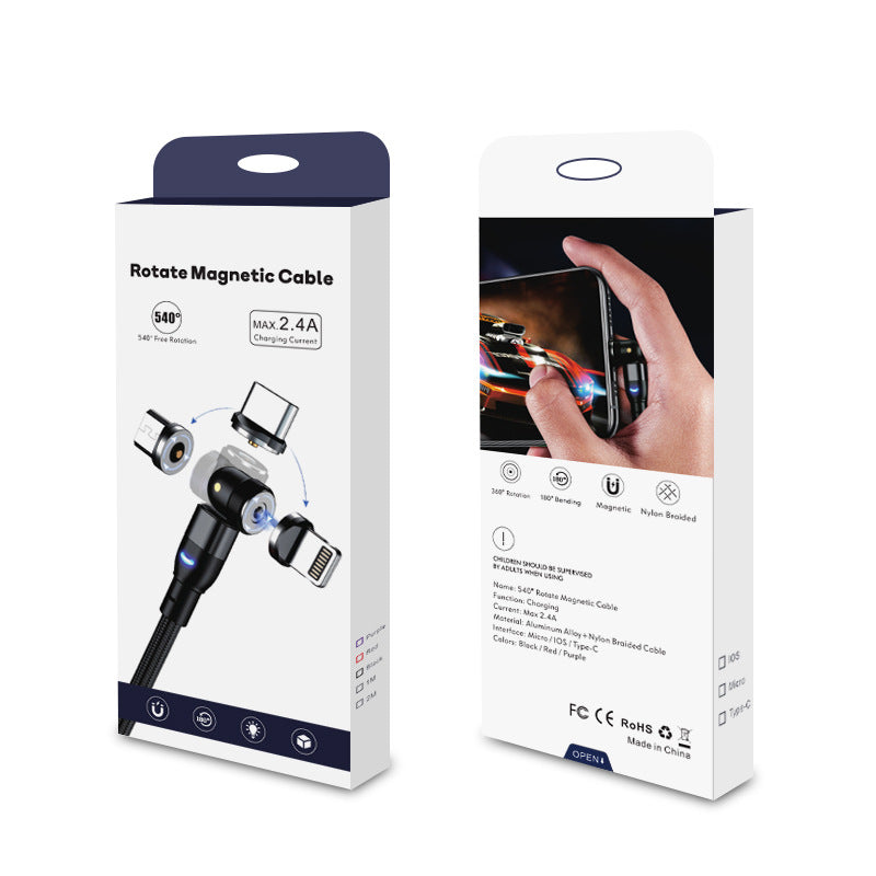 Packaging of 540° rotate magnetic charging cable with multiple connector types and nylon braided design