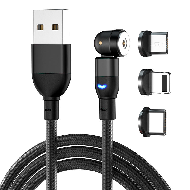 Black braided USB charging cable with magnetic connectors and 3 interchangeable tips: micro USB, Lightning, USB-C
