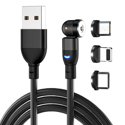 Black braided magnetic USB charging cable with three interchangeable connectors for USB-C, Lightning, and Micro USB