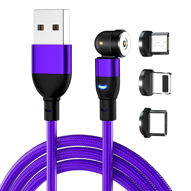 Purple magnetic USB charging cable with braided design and three interchangeable connector tips
