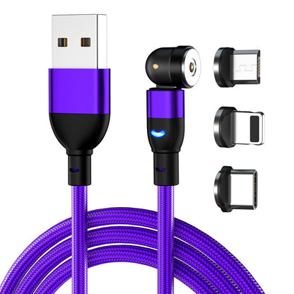 Purple magnetic USB charging cable with braided design and three interchangeable connector tips