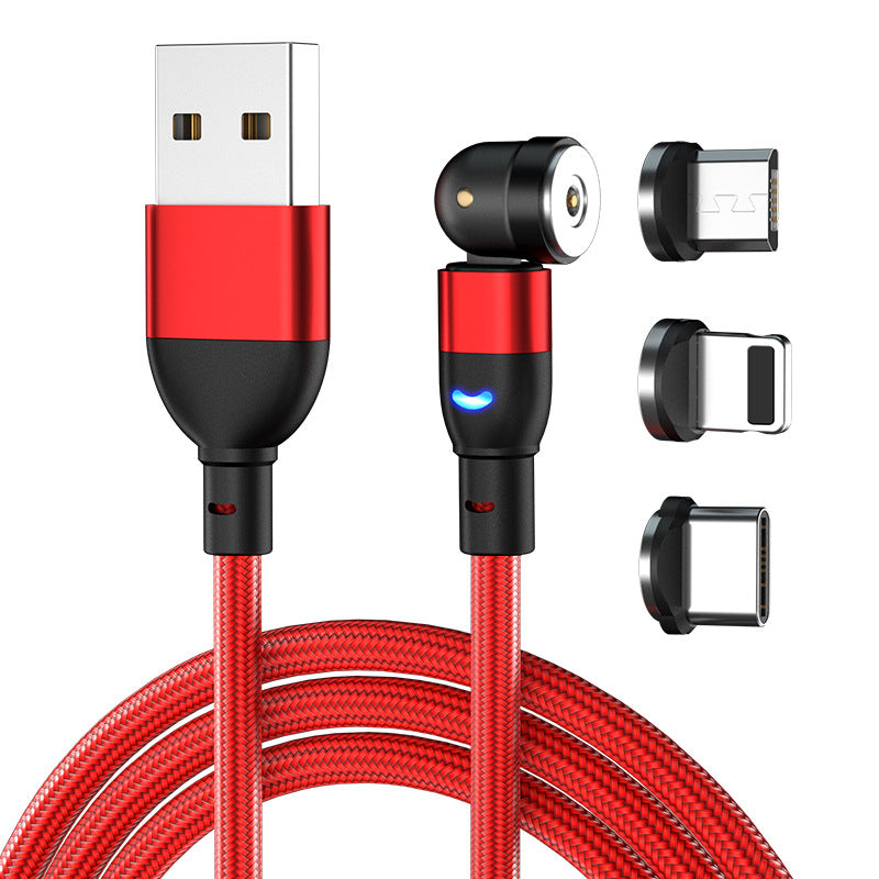 Red braided USB charging cable with magnetic connector and three magnetic adapter tips for USB-C, Lightning, and Micro USB