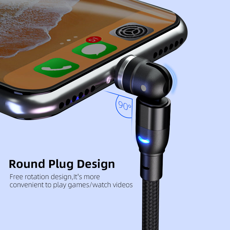 Black 90-degree round plug charging cable connected to smartphone for gaming and video watching